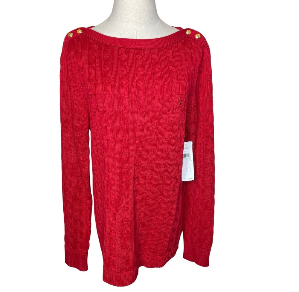 Lauren Ralph Lauren Women’s XL Red Cable Knit Boatneck Pullover Sweater NWT